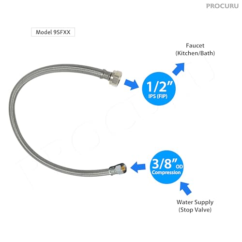 [10-Pack] PROCURU 24-Inch (2Ft) x 3/8\" Comp x 1/2\" FIP Faucet Hose, Stainless Steel Braided Supply Line, Certified Safe (9SF24-10P) - Thumbnail 4
