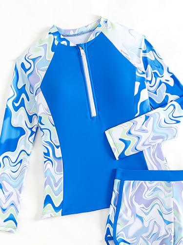 Image of SEGT Girl's Floral Long Sleeve Rash Guard with Bikini Bottom 2 Piece Swimsuit Set