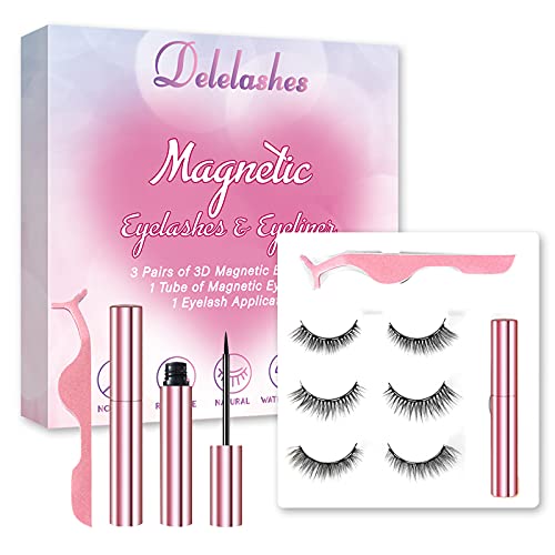 Delelashes Magnetic Eyelash Set ,3 Pairs Cute Fake Eyeashes with Eyeliner Kit,3D/5D Lovely & Natural False Lashes,Reusable Glue-Free Lash,Eyes Beauty Makeup Gifts for Pretty Girls and Women