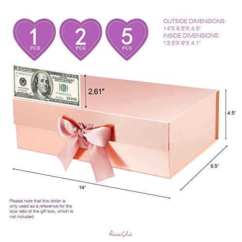 Rosegld 5 Large Gift Boxes With Ribbon 13.5X9X4.1 Inches, Collapsible Gift Boxes With Lids, Bridesmaid Proposal Boxes, Magnetic Gift Boxes For Presents (Glossy Rose Gold) #TOP5