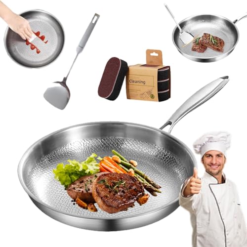 Sartén de Titanio Plateful, Sartén Martillada de Titanio Puro Pletefull con Tapa, Utensilios de Cocina Antiadherentes Multifuncionales sin Revestimiento, Sarténs Plana Duradera y Resistente a Rayones
