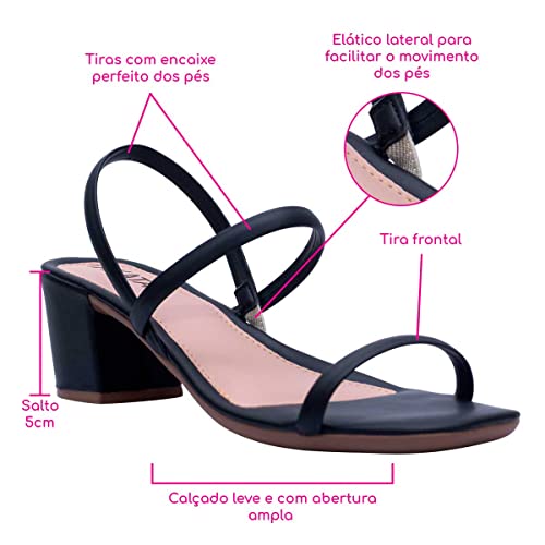 Sandália Feminina Casual Salto Baixo Quadrado Tiras AF3.06 W Cor:Preto;Tamanho:35;Genero:Feminino