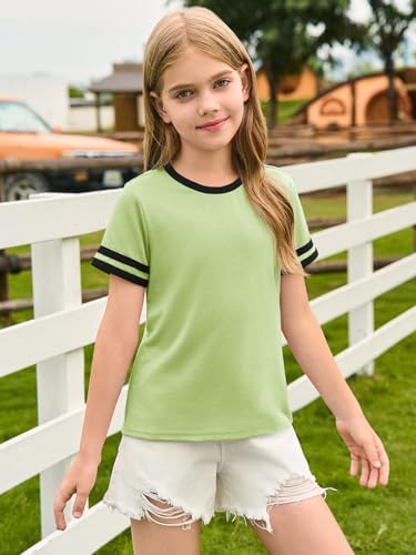 Image of Haloumoning Girls Short Sleeve T Shirts Kids Summer Crewneck Color Block Tops Fashion Tees 5-14 Years