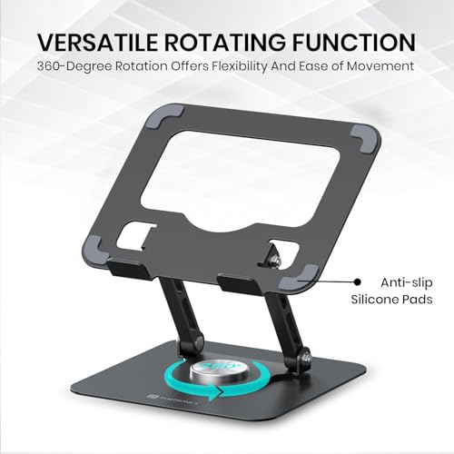 Image of Portronics My Buddy A1, Metal Tablet Stand, 360 Rotating Base, Height & Angle Adjustable, Supports Up to 12 Inch Tablets & 5Kg Load, Foldable & Portable, Anti-Slip Pads (Grey)