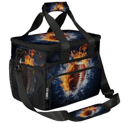 Mexpekil Bolsa térmica grande con diseño de fuego de fútbol americano de 15 L, bolsa de almuerzo aislada a prueba de fugas suave para playa con correa para picnic, camping, viajes, pesca, senderismo