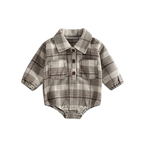 Image of VISGOGO Infant Baby Boy Girl Romper Buttons Lapel Long Sleeve Vintage Plaid Jumpsuit with Pockets Fall Winter Clothes