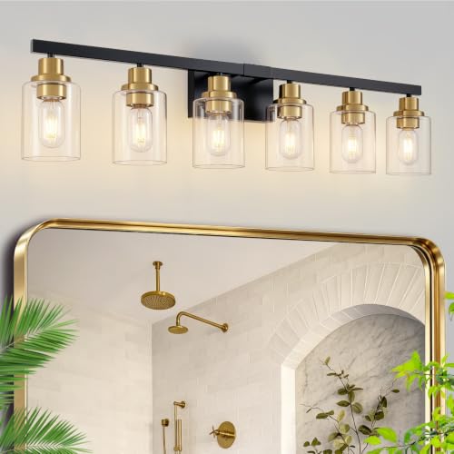 DIKAIDA 6-Light Vanity Lights Bathroom Light Fixtures,Black and Gold,37"