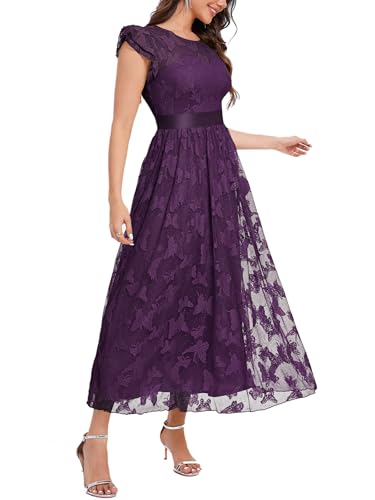 Image of Women's Casual Tulle Midi Dress Ruffle Sleeve Crewneck Lace Flowy Dresses Party Wedding Guest Sundress