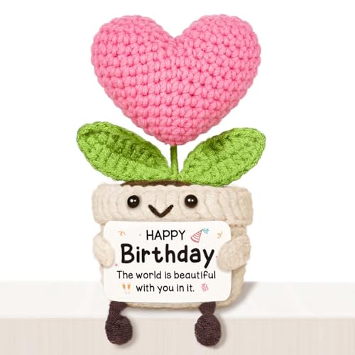 Glydein Cute Birthday Gifts for Women Handmade Crochet Pink Heart Flower Small Happy Birthday Gift for Her Mom Daughter Wife Sister Aunt Coworkers Friends Girlfriend Party Decor