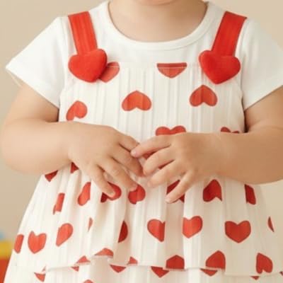 Image of A.T.U.N. (ALL THINGS UBER NICE) Baby Girls 100% Cotton Pinafore Dress with Inner Look Top | Cute Heart Print Design | Soft Touch Flared Fit | Comfortable Stylish Outfit for Babies