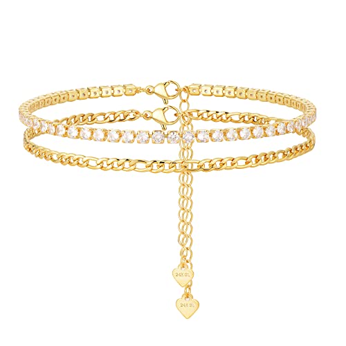 24K Gold Plated Ankle Bracelets For Women ，Layered Cubic Zirconia Tennis Ankle Bracelets For Women Teen Girls Beach Foot Jewelry Gifts #TOP29