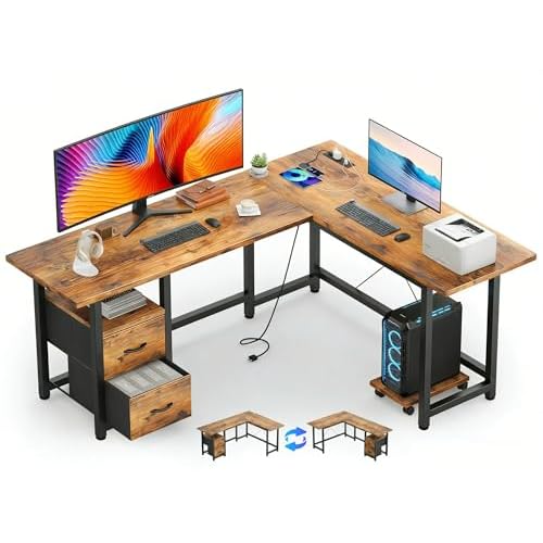 Gizoon 66 Inch L Shaped Desk with Drawers, Reversible Corner Computer Desk with Power Outlets, Home Office Desk with Moveable CPU Stand, Large Gaming Desk, Rustic Brown Rustic Brown 66"