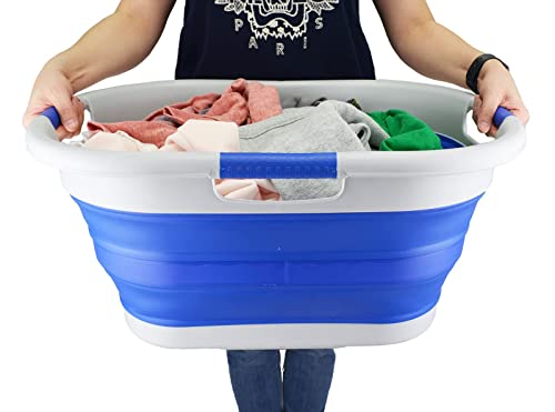 SAMMART faltbarer Wäschekorb aus Kunststoff, 40 l, zusammenklappbarer Pop-Up-Aufbewahrungsbehälter/Organizer – tragbare Waschwanne – platzsparender Wäschekorb (1, Grau/Purpurblau)