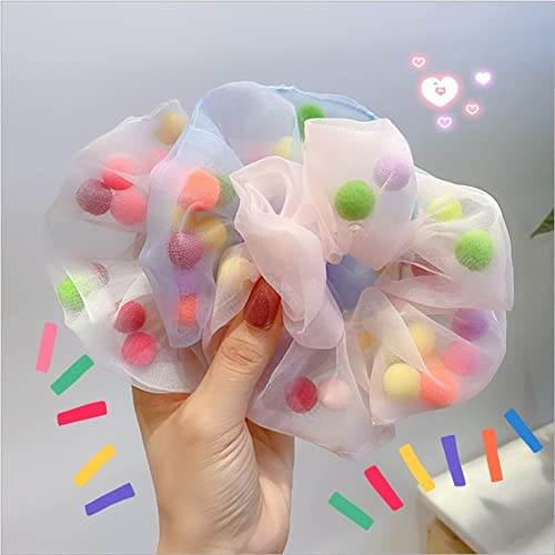 Generic Organza Pompom Scrunchies Hair Ties Chiffon Hair Elastics Bands Ponytail Holder For Women Girls 6 Pcs thumb #2