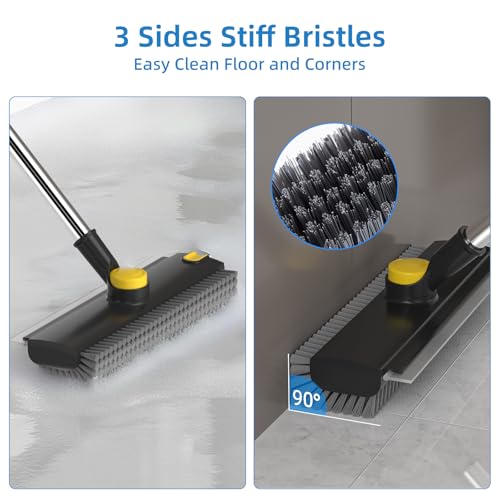 Image of Scrub Brush with Long Handle, Floor Scrub Brush Squeegee Broom for Cleaning, 3 in 1 Shower Scrubber Floor Broom Squeegee for Concrete Tile Wall Deck Patio Special Black