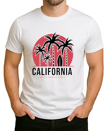 California Santa Mónica Beach – Palmeras y tabla de surf Retro – California Surf & Beach Lifestyle – Camiseta para hombre, Blanco, M California Santa Mónica Beach – Palmeras y tabla de surf Retro – California Surf & Beach Lifestyle – Camiseta para hombre, Blanco, M
