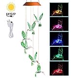 Solar Hummingbird Wind Chimes Outdoor, Color-Changing Led Decorative Light Charging by USB and Mobile Solar Power for Home/Yard/Pation/Garden