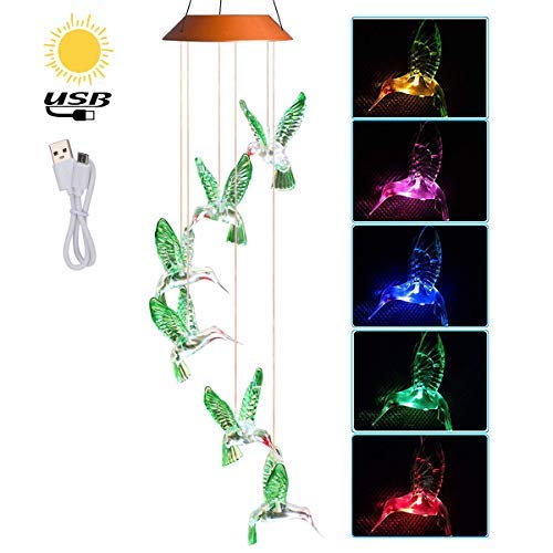 Solar Hummingbird Wind Chimes Outdoor, Color-Changing Led Decorative Light Charging by USB and Mobile Solar Power for Home/Yard/Pation/Garden