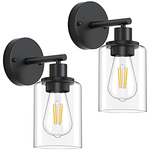 Asnxcju Modern Black Wall Sconces Set Of Two, Industrial Bathroom Vanity Wall Light Fixtures With Clear Glass Shade, Farmhouse Indoor Wall Sconces Lighting Mounted Lamp For Bedroom Mirror Living Room #TOP6