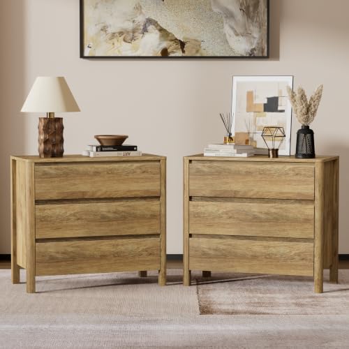 Image of Furniway Nightstands Set of 2, 31.5 inch Wide 3 Drawer Nightstand with Wood Legs, Mid-Century Modern Bedside Table with Storage, Wooden End Table for Bedroom, Natural Oak
