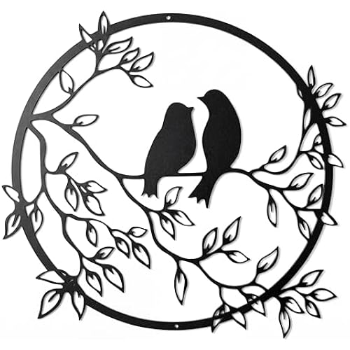 Ferraycle Metal Wall Art Bird on Tree Branch Silhouette Bird Hanging Ornament Porch Wall Decor for Living Room Outdoor Garden Bedroom Office Housewarming Party Decoration(Black)