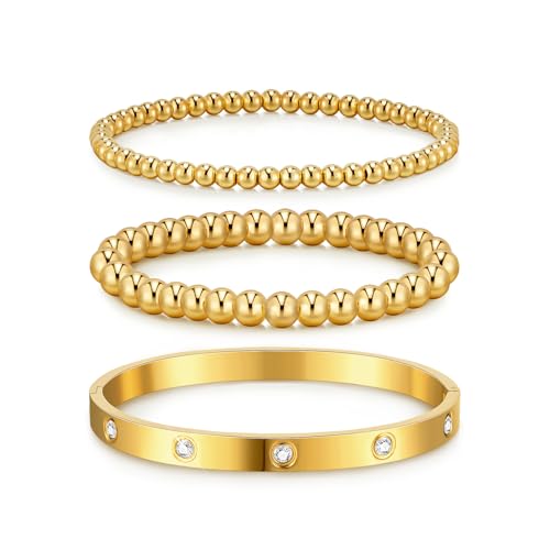 doubgood Gold Bracelets for Women Stackable Gold Bangles Friendship Beaded Bracelets Jewelry Set for Mother's Day Gifts Valentine Wedding Birthday 7.0INCH