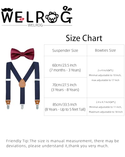 WELROG Child Boys and Girls Adjustable Silk Bowties & Suspender Sets Y Back Metal Clips Genuine Leather Suspenders (Navy + Burgundy bowtie