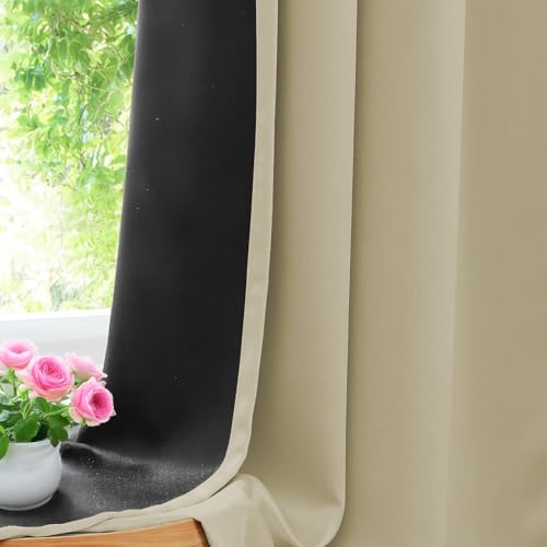Image of LINENWALAS Window Curtains 5 Feet Set of 2 - Thermal Insulation 100% True Blackout Curtains, Black Backing & Fade Resistant Drapes for Living Room, Bedroom (Ivory)