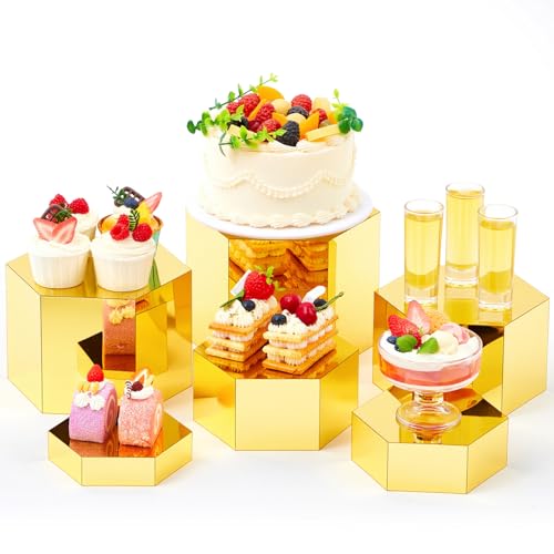 Leinuosen 6 Pcs Acrylic Buffet Risers Stands for Food Display Cubes Box 5.5 to 8 Inch Hexagonal Catering Table Dessert Decor for Wedding Brunch Setup Party Jewelry Collectibles Hollow Bottom (Gold)