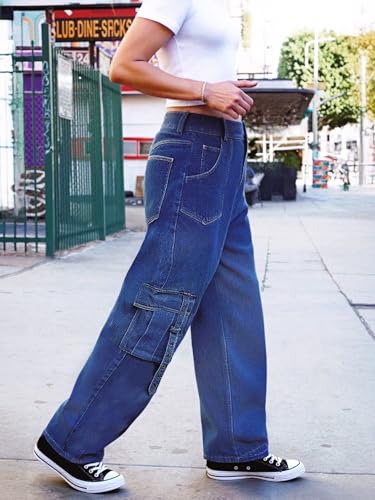 High Waist Baggy Cargo Jeans for Women Straight Wide Leg Denim Pants with 6 Pockets2