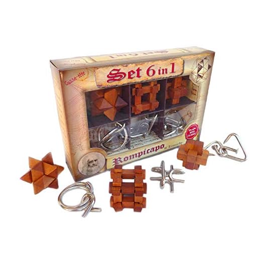 LOGICA GIOCHI Art. Set 6 in 1 - Set Rompicapo in Legno e Metallo - 3 Rompicapo in Legno + 3 in Ferro - Cofanetto Leonardo da Vinci