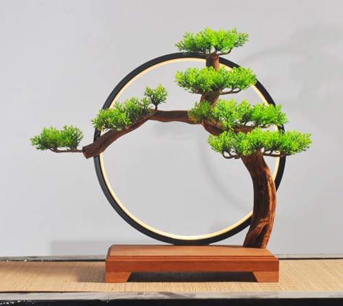 Sefoemut 新しい中国の禅仏飾り、人工屋内植物、家の装飾ギフト、USB LEDライト付きのリアルな偽の盆栽、玄関デスク用のクリエイティブなランプリング、自宅のリビングルームの玄関オフィスの装飾盆栽に適しています (黒檀-迎客松ランプリングベース) [