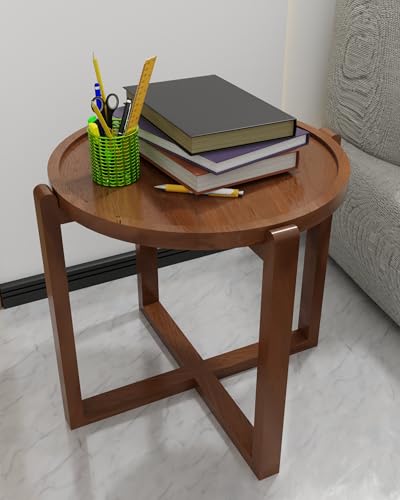 Image of Patio Folding Coffee Table Walnut Finished, Balcony and Garden Table Bistro Side Table, Outdoor Wooden Round Portable End Table Picnic Table for Camping & Dining