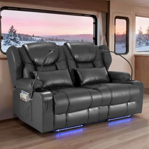 Image of Redlife Power Loveseat Recliner Sofa, PU Leather Dual Reclining Couch with Vibration & Heating, Blue LED Base Lights, USB Ports, Cup Holders & Phone Holders, Home Theater & RV Reclining (Gray)