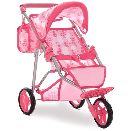 Dolls To Play Baby Doll Stroller Jogger Style 3 Wheels Toy Play, Girls with Canopy and Basket Buggy Carriage for Kids, My First Jogging Pram Heavy Duty - 21 Inch - Pink