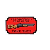 Retro Gaming Pixel Art PVC Patch, Red and Black Design, 8-Bit Style, 8 x 4.5 cm, Decorative Applique with Classic Gaming Quote and Weapon Graphic