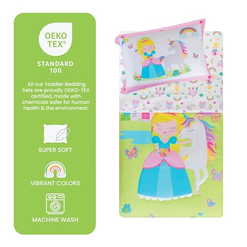 Image of Todays Kids Princess Toddler Bedding Set for Girls - 4-Piece Toddler Bed Comforter Sets for Girls, Reversible Comforter & Pillowcase, Flat Sheet, Fitted Sheet, Breathable & Super Soft Microfiber