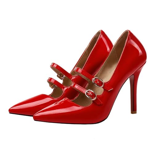 GBBRZKTB Talons Hauts Escarpins Talons Aiguilles Bout Pointu Femmes Chaussures Bureau Double Boucle Bride pour Robe Mariée 10cm,Red-44