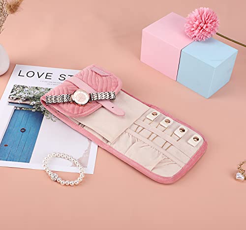 Voova Travel Jewelry Organizer Case Small Jewelry Storage Book Bag For Traveling Essentials, Portable Foldable Jewellery Pouch Roll Holder For Rings Necklaces Earrings Bracelets Watch, Mini, Pink #TOP6