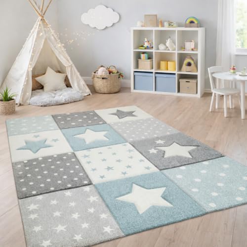 Paco Home Kids Rug - Checkered Dots & Stars, 5'3" Round (Blue/White/Grey)