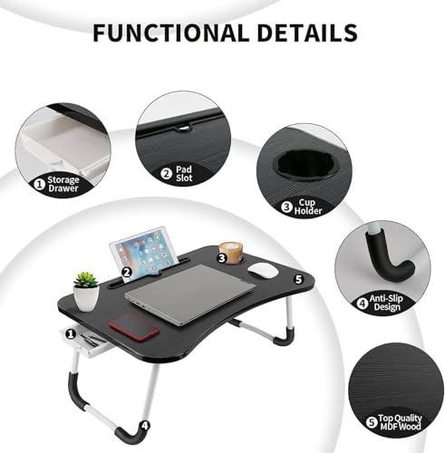 Image of TEKCOOL Study Table Foldable Wooden Laptop Bed Tray Table, Multifunction Lap Tablet Desk with Cup Holder, Perfect for Eating Breakfast, Reading Book, Working, Watching Movie On Bed'
