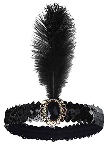 Utaly 1920S Flapper Headband Roaring 20S Gatsby Headpiece Accessories For Women Vintage Feather Headwear Costume Decorations (Black-Rh) #TOP16