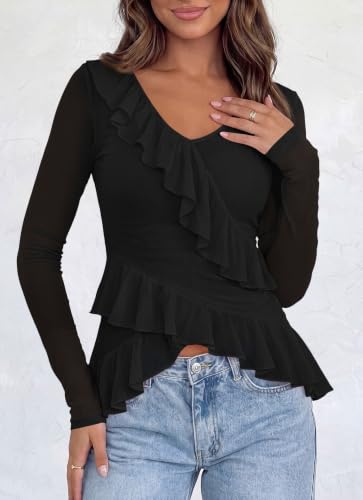 Okiwam Long Sleeve Shirts for Women Ruffle V Neck Y2K Mesh Top,Black,M - image 4