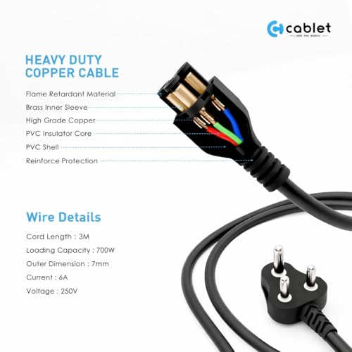 Image of Cablet 3M Black 3 Pin Laptop Power Cable with 18 AWG & 700W Heavy Duty Universal Power Cable Replacement for Charger Adapter Power Cord for Laptop (Lapop L30-3 Meter)