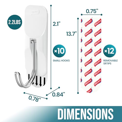Image of TAILI Hooks for Hanging,10 Small Hooks & 12 Adhesive Strips Holds up 1.1 lb