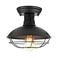Farmhouse Flush Mount Ceiling Light - Easric Industrial Ceiling Light Fixture Rustic Black Metal Cage Close to Ceiling Lamp E26 Base for Hallway Foyer Kitchen Porch