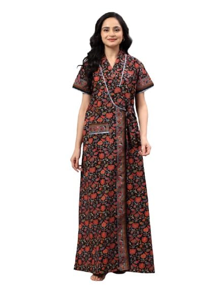 Women Cotton Printed Maxi Nighty | Front Open Night Gown with Pocket | Regular Fit Sleepwear & Housecoat 1006-image-49