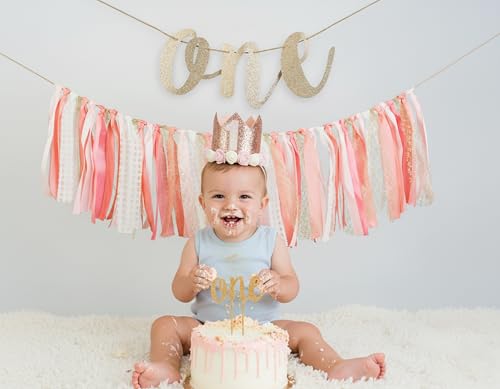 PapaKit Baby Girls 1st Birthday Little Princess High Chair Premium Decoration Set (Crown Hat, Cake Topper, Banner, Garland)