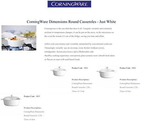 CorningWare Pyroceram Classic Round Casseroles Cooking Pots with Handles & Glass Covers 3.5 Quart, 2.4 Quart & 1.3 Quart - White