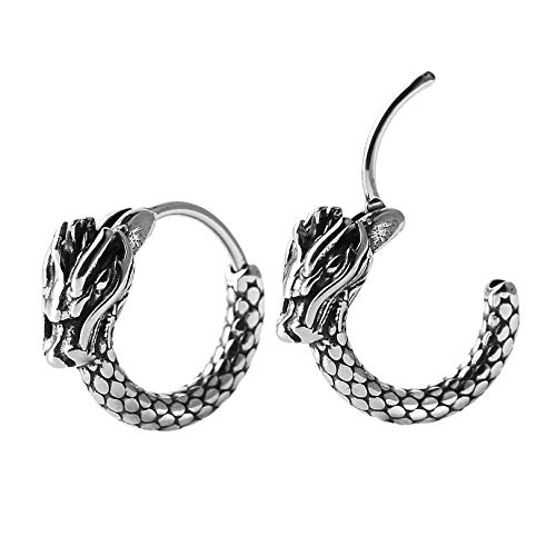 HZMAN Brincos masculinos e femininos, 2 peças, punk rock, prata, dragão, aço inoxidável, perfurado,